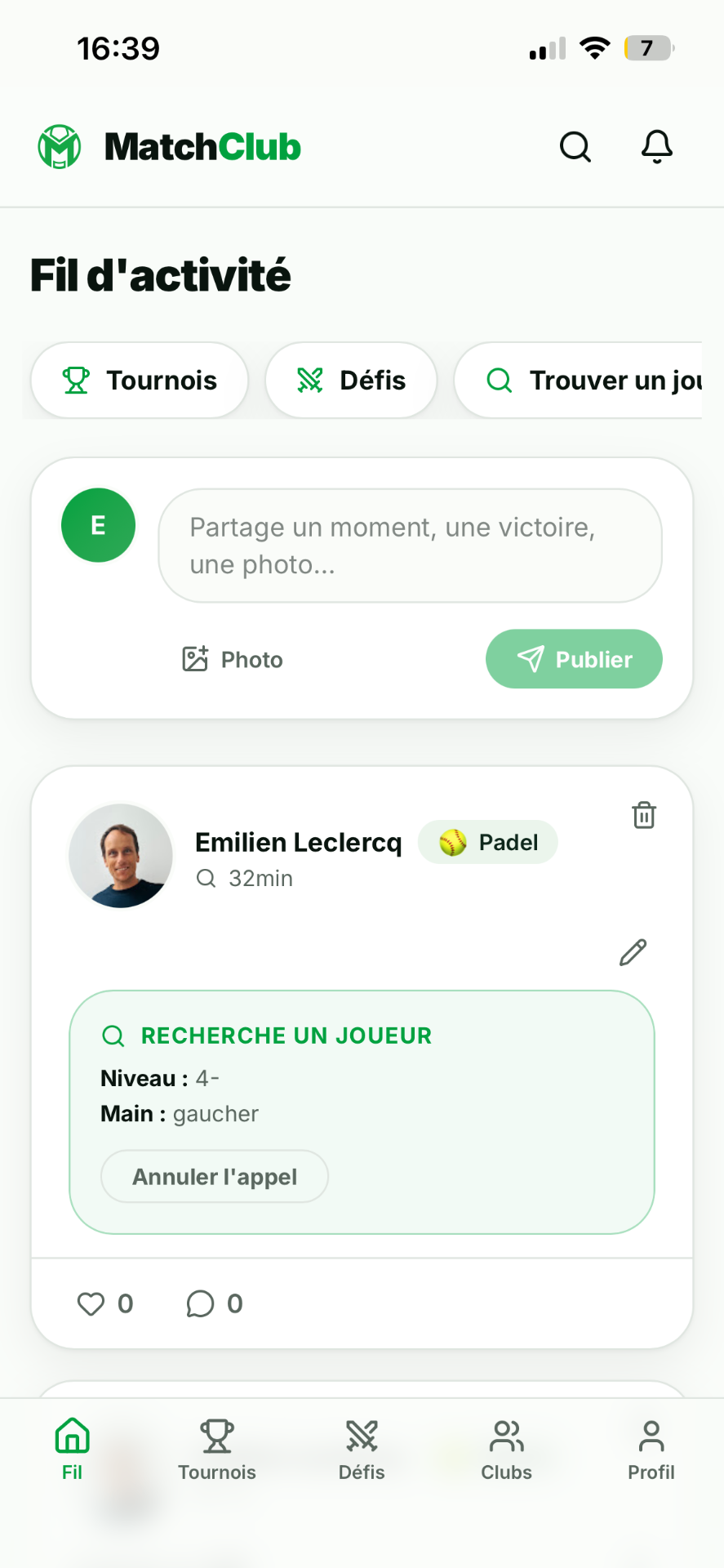 Aperçu du fil d'activité MatchClub sur mobile